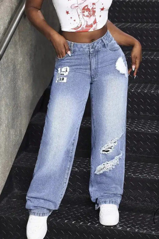 Ripped light-wash match denim long jeans