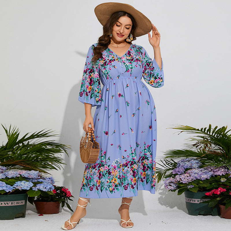 Spring dress floral chiffon with elastic waist, V-neck, ruffled sleeves, straw hat