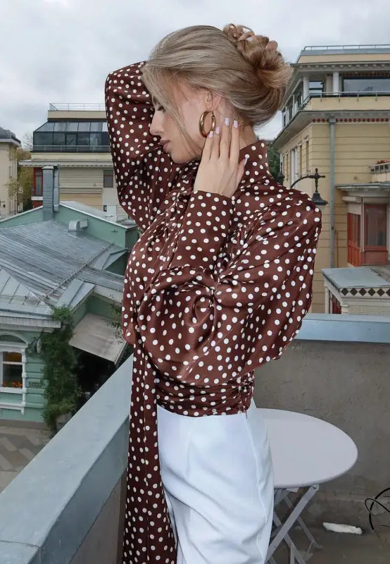 Elegance Polka Dot Shirt: long-sleeved fashion blouse with high collar
