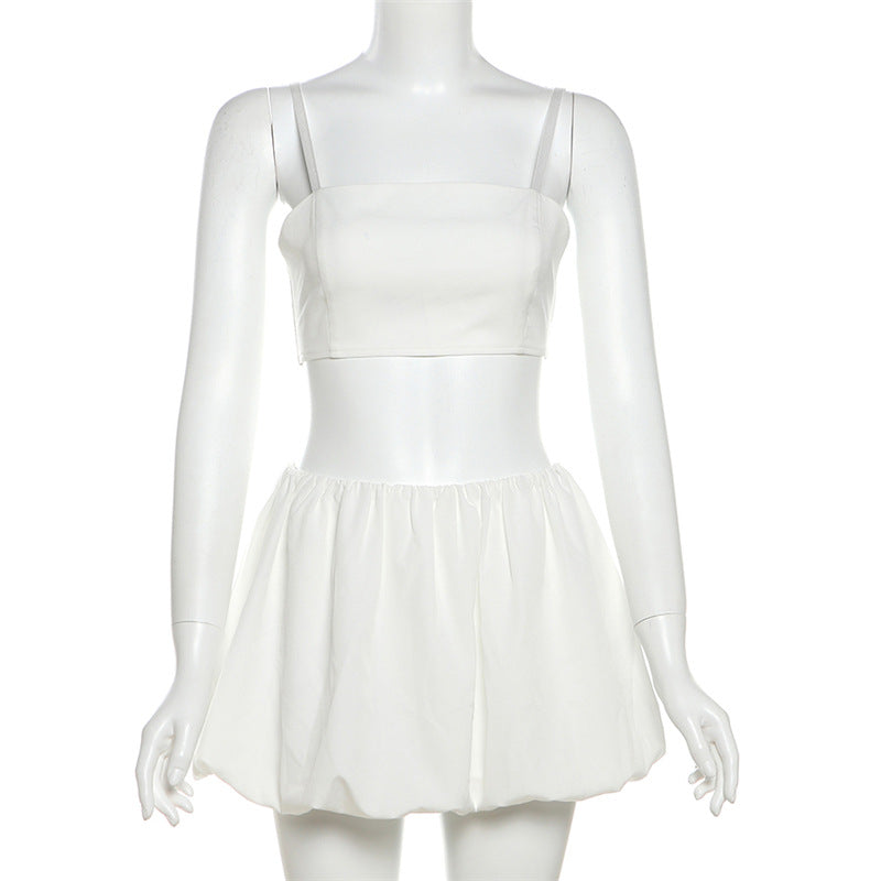 White two-piece Summer Women Wear set featuring a camisole and puffy skirt in fashion