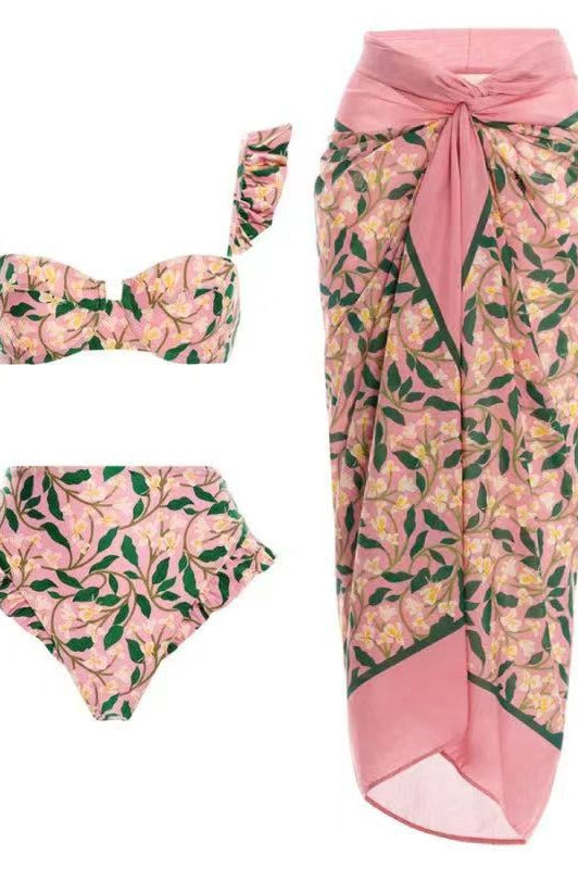 Pink floral print three-piece langry swimsuit set with matching sarong wrap for fashion