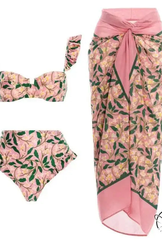 Cute bikini split swimsuit outfit in pink floral print with sarong