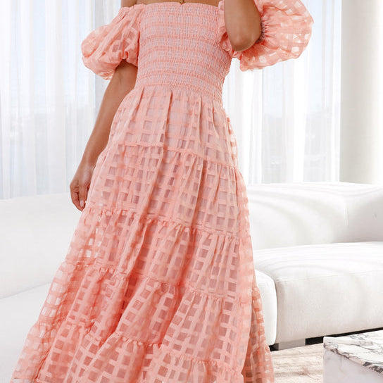 Off-the-shoulder pink Enchanting Lantern Sleeve Dress for stylish fashion enthusiasts