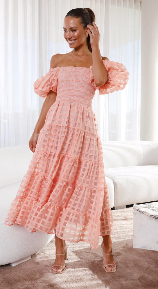Off-the-shoulder pink Enchanting Lantern Sleeve Dress for stylish fashion enthusiasts