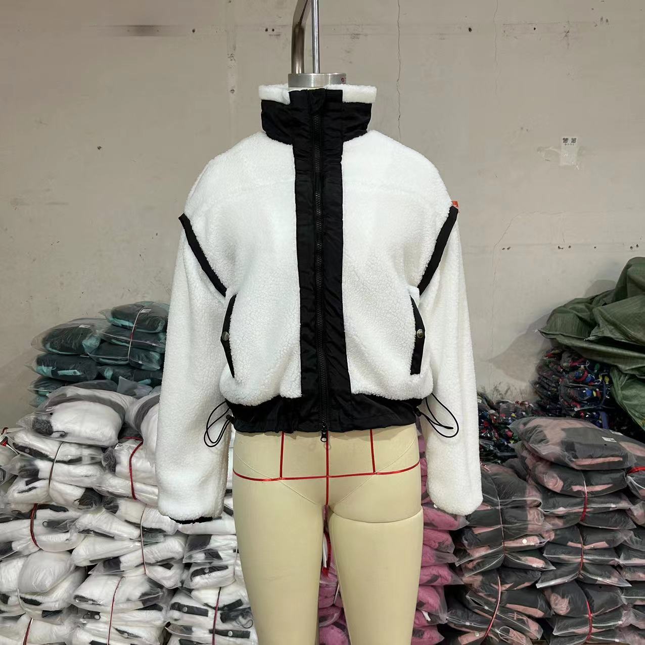 White fleece outdoor cardigan coat with black trim, ideal for Langry fashion ملابس