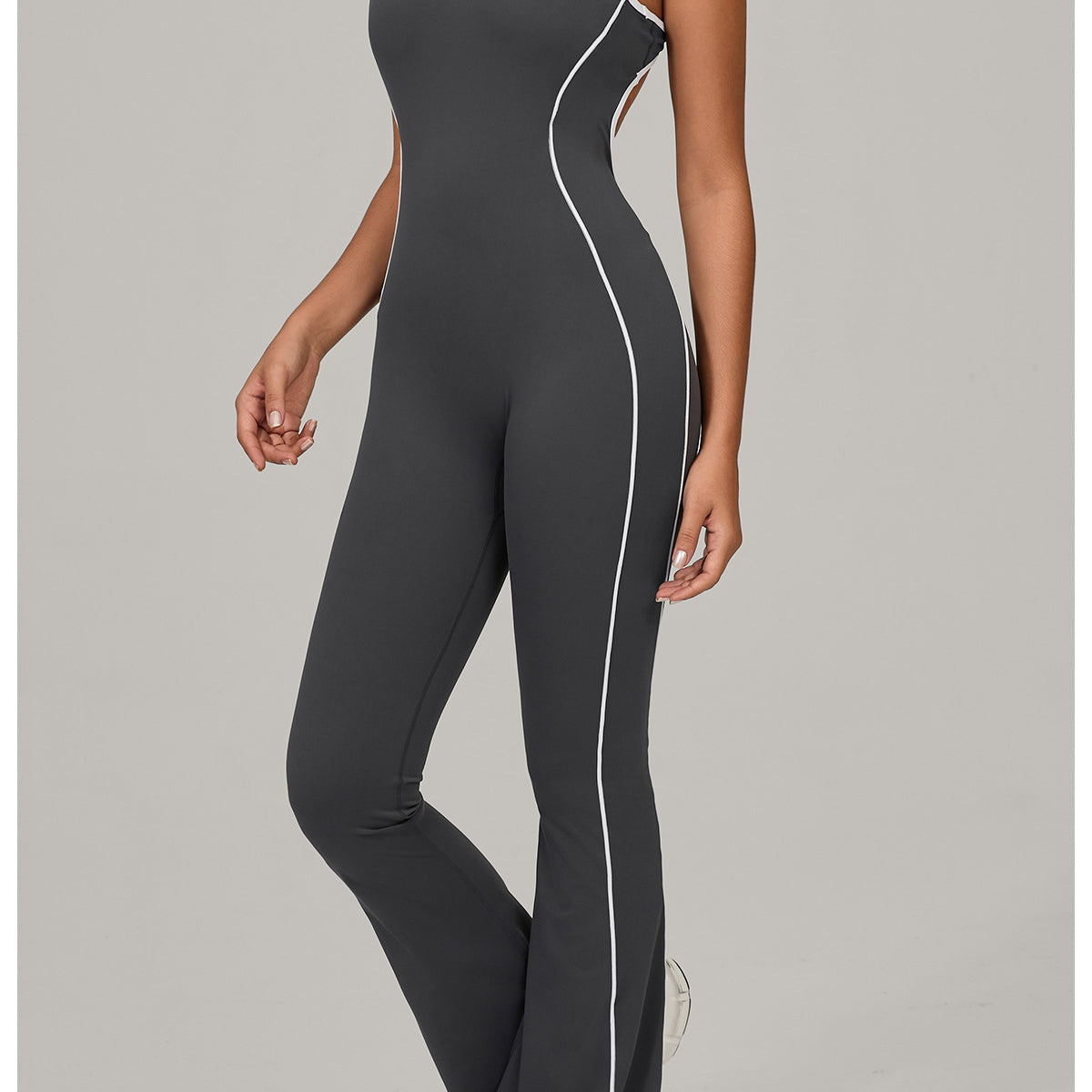 Charcoal gray and white Beauty Back Yoga Jumpsuit with piping for langry fashion