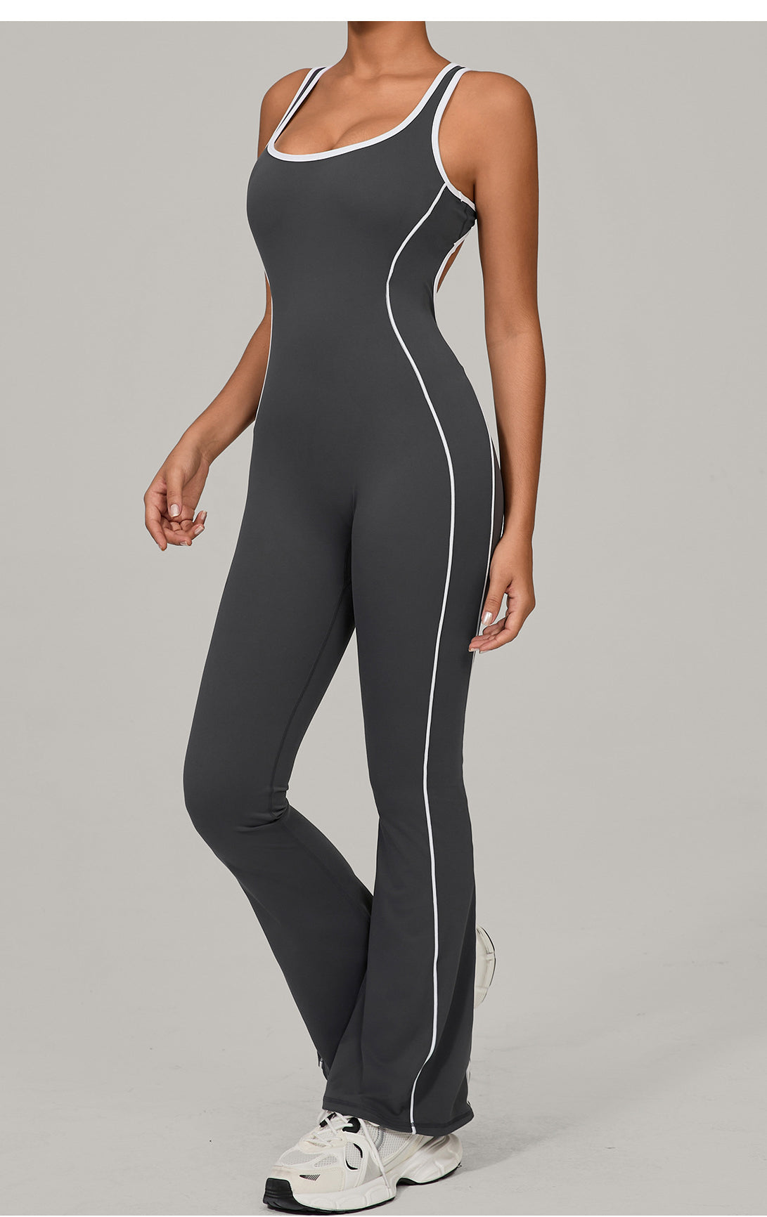 Charcoal gray and white Beauty Back Yoga Jumpsuit with piping for langry fashion