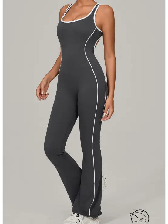 Beauty Back Yoga Jumpsuit in charcoal gray and white with piping, langry fashion ملابس