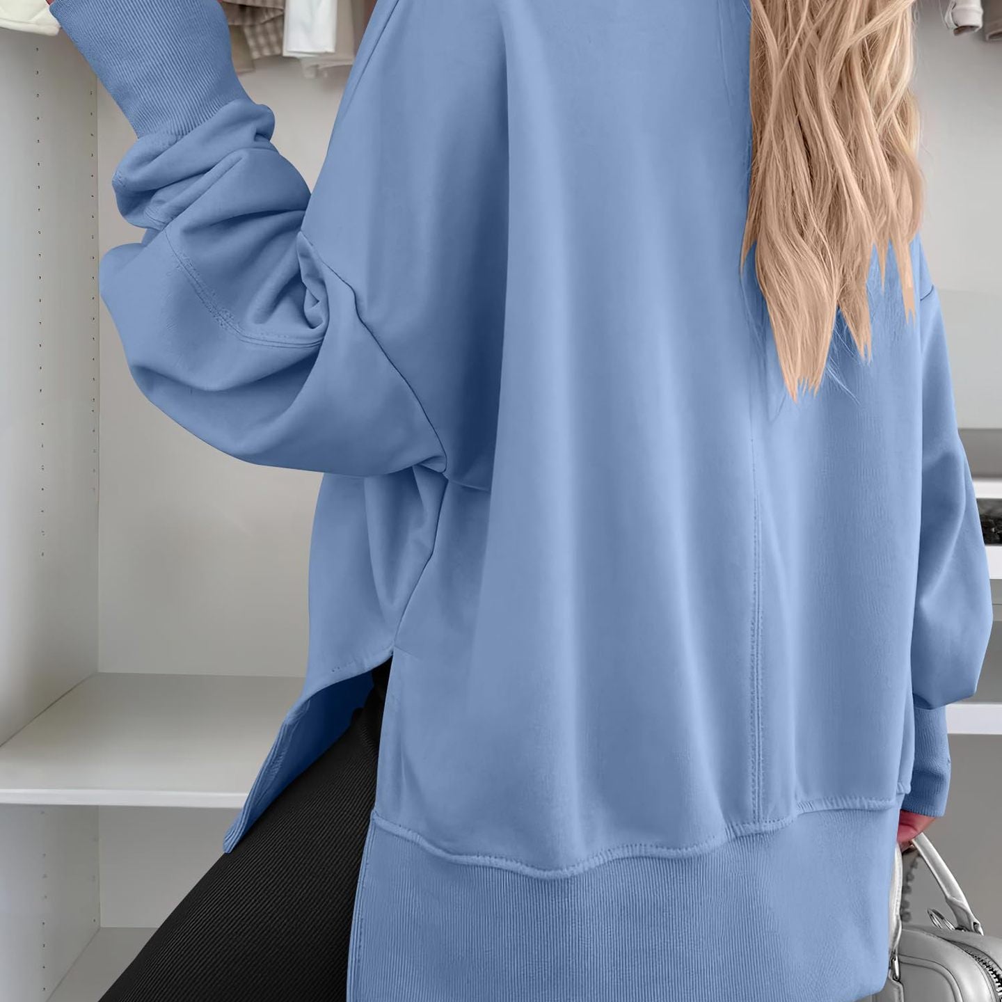 Light blue Langry fashion casual loose round neck pullover sweatshirt