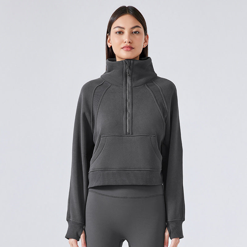 Gray half-zip athletic sweatshirt for women, ideal for autumn winter outdoor exercise fashion