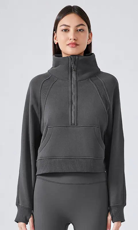Gray half-zip sweatshirt with high stand collar for women
