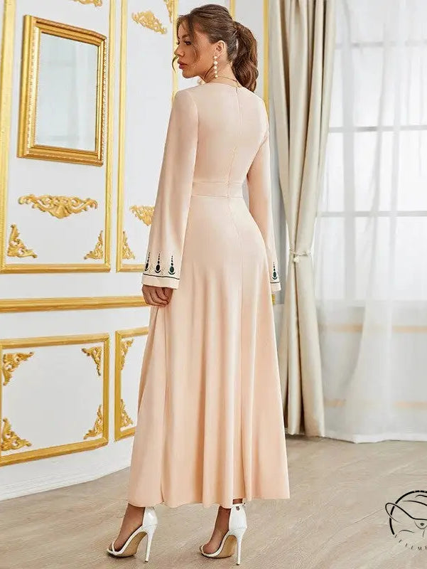Elegant V neck high waist blush pink langry fashion gown with embroidered cuffs