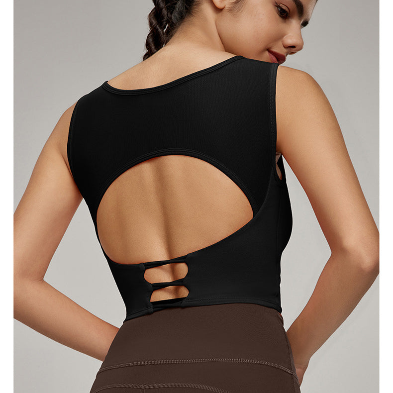 Black sleeveless athletic top with open back and straps from Beauty Back Mesh Workout Top, stylish ملابس for fitness fashion