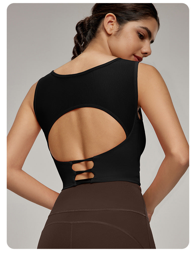 Black sleeveless athletic top with open back and straps from Beauty Back Mesh Workout Top, stylish ملابس for fitness fashion
