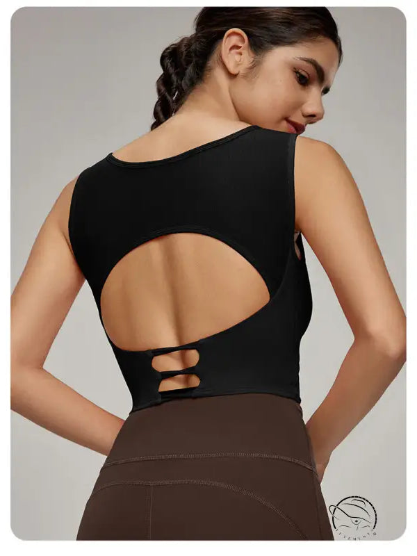 Beauty Back Mesh Workout Top: black sleeveless open-back athletic style