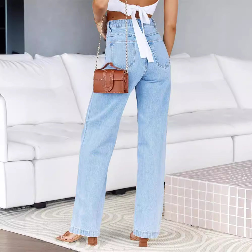 Light wash wide-leg denim trousers for women showcasing trendy fashion style