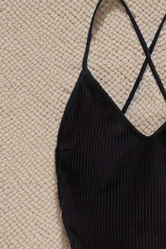 Black ribbed one piece bikini with thin cross-back straps