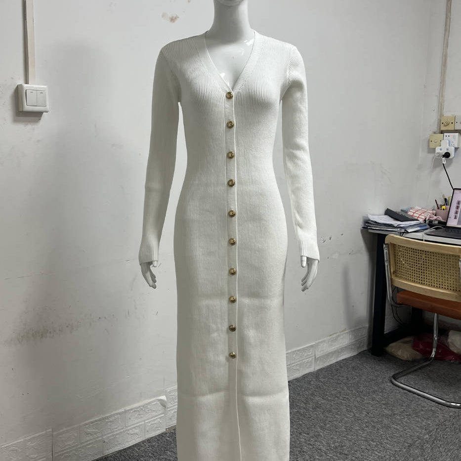 White long sleeve knitted dress from the Cardigan Long Sleeve Knitted Dress collection, fashionable and elegant