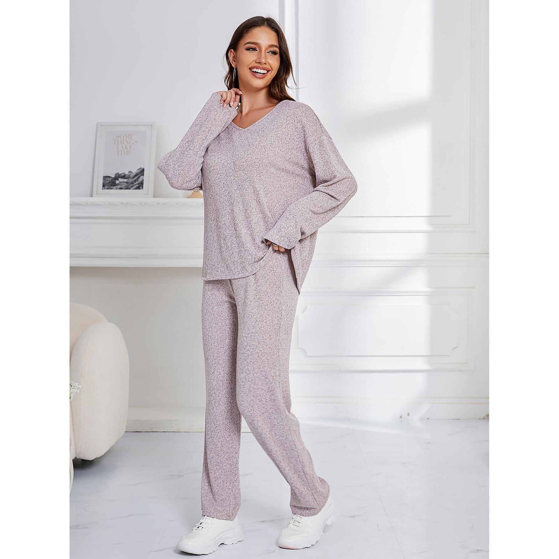 Women’s light purple long-sleeve textured knit top and matching lounge pants for winter outerwear loose sports casual wear