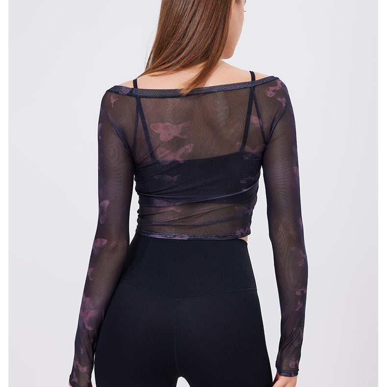 Floral Butterfly Faux Two Piece Sports t Shirt Women Long Sleeve with Chest Pad Yoga Clothes Mesh Top Quick Drying