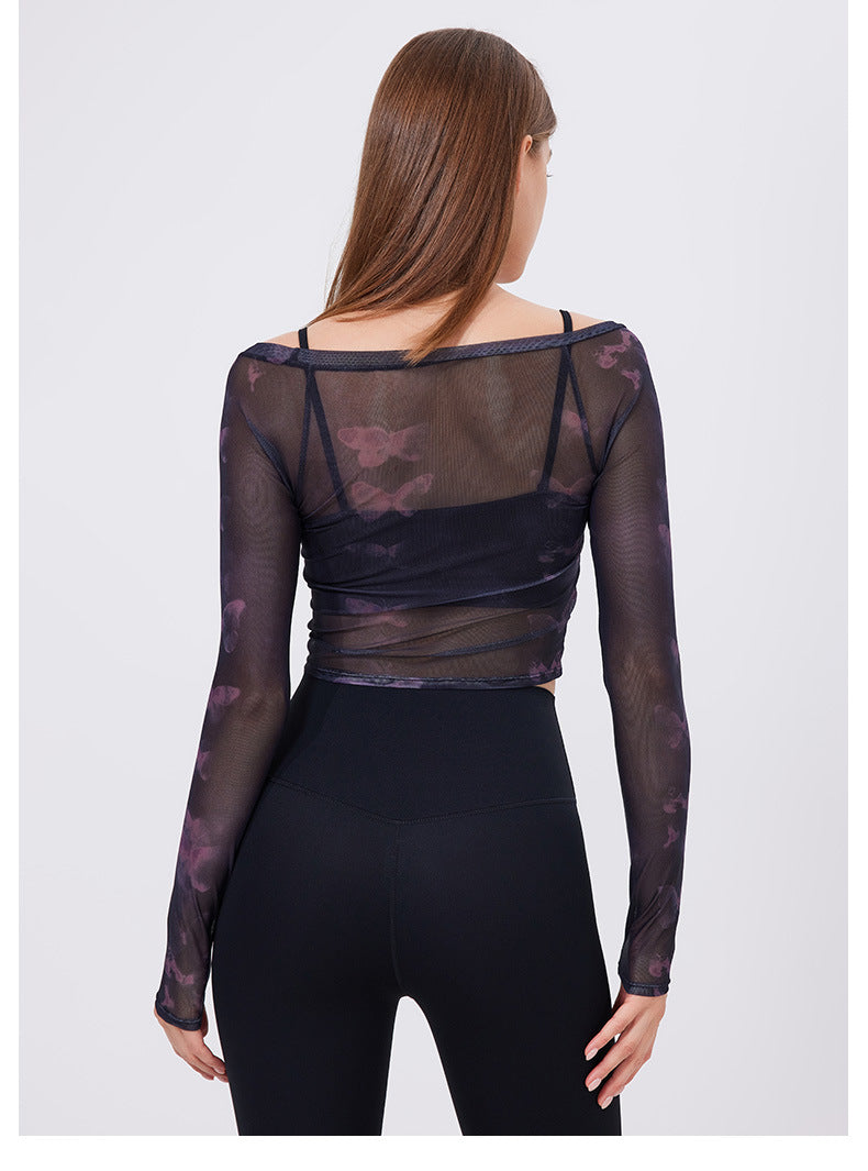 Floral Butterfly Faux Two Piece Sports t Shirt Women Long Sleeve with Chest Pad Yoga Clothes Mesh Top Quick Drying