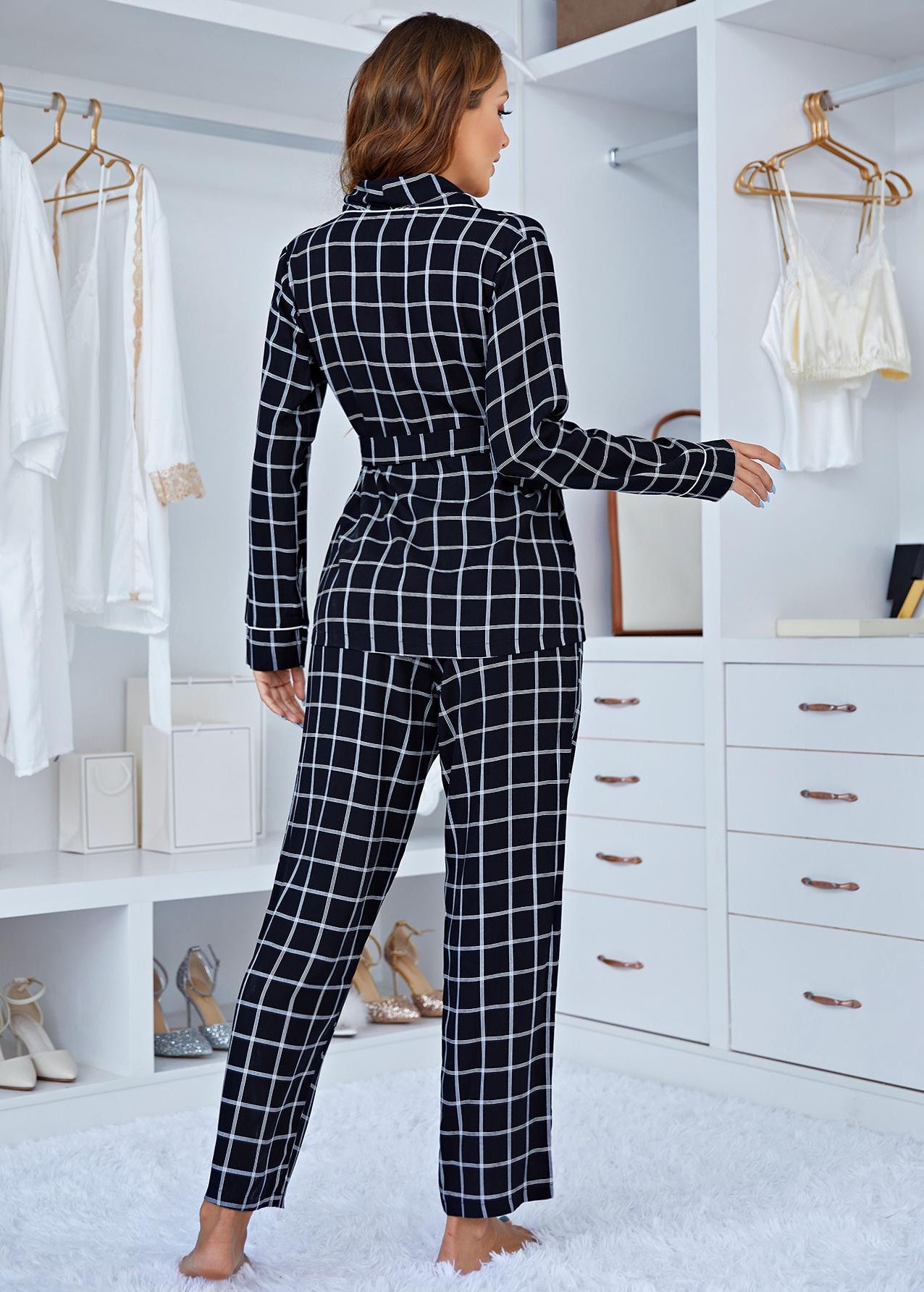 Comfy plaid long sleeve black and white checkered pajama set with belted blazer top and matching pants