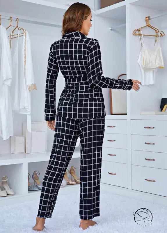 Comfy Plaid long sleeve deep V-neck checkered pajama set with belted blazer