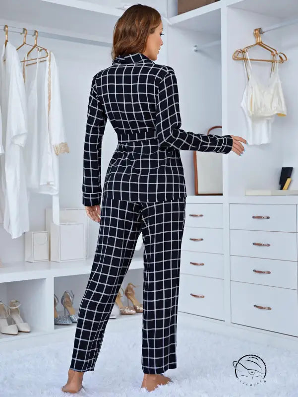 Comfy Plaid long sleeve deep V-neck checkered pajama set with belted blazer