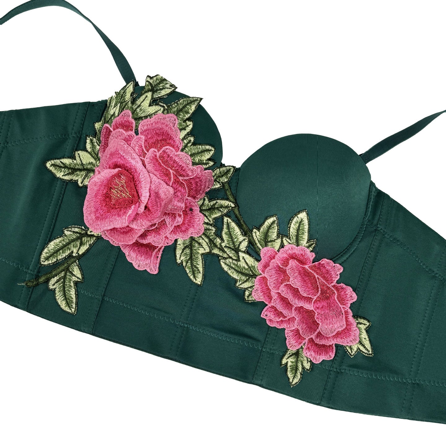 Green floral embroidered bra with pink flowers in Langry fashion ملابس