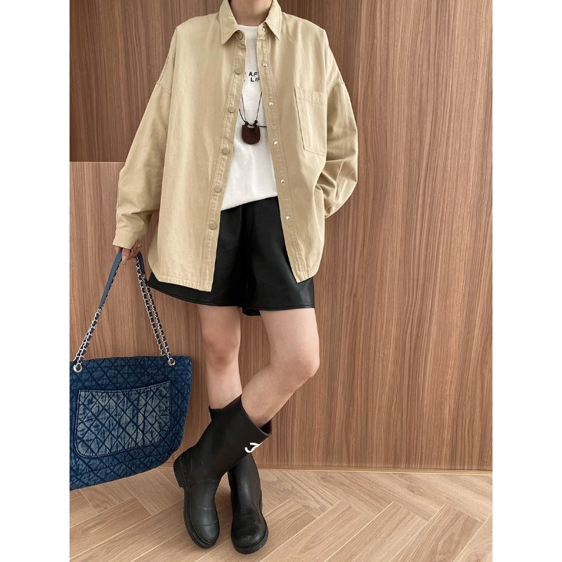 Woman wearing Casual Office Cotton Jacket with black shorts and boots, showcasing langry fashion
