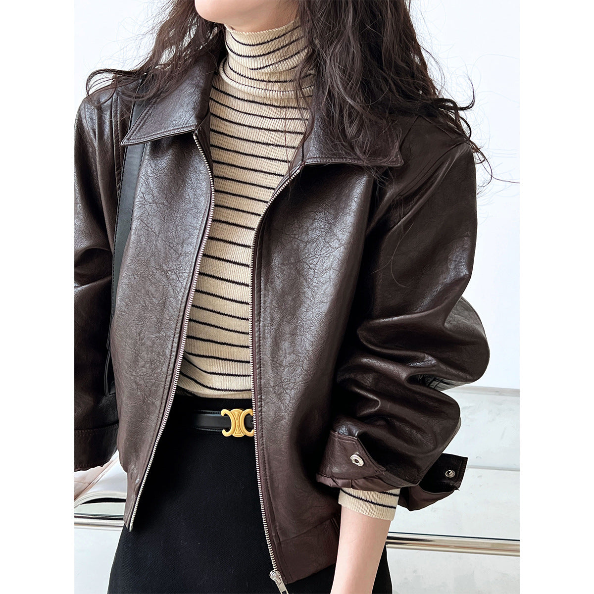 Brown faux leather jacket showcasing stylish langry fashion in the Retro Brown Leather Coat Women Autumn collection
