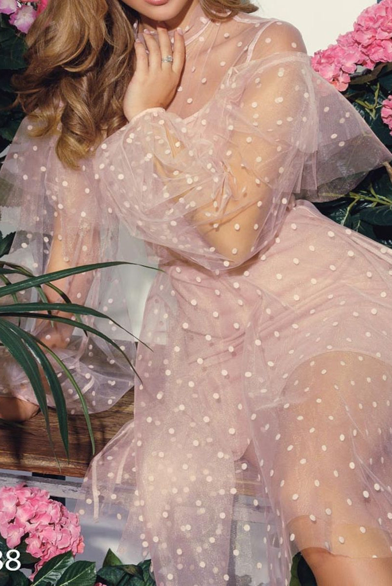 Sheer polka dot tulle dress in pale blush pink for elegant evening fashion ملابس