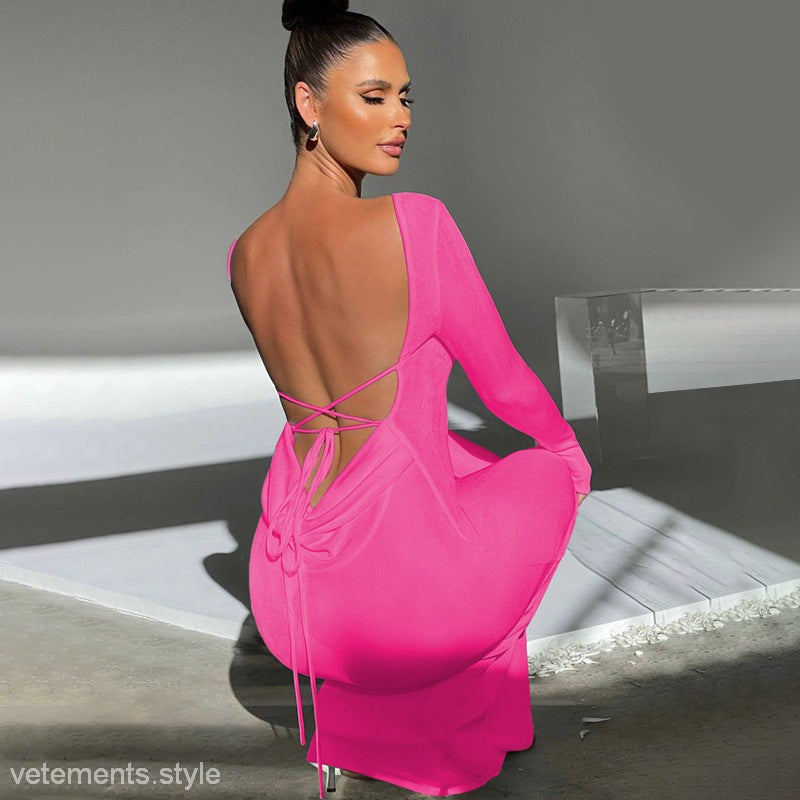 Elegant pink long sleeve dress featuring a backless design from Fashionable Backless Lace-up collection