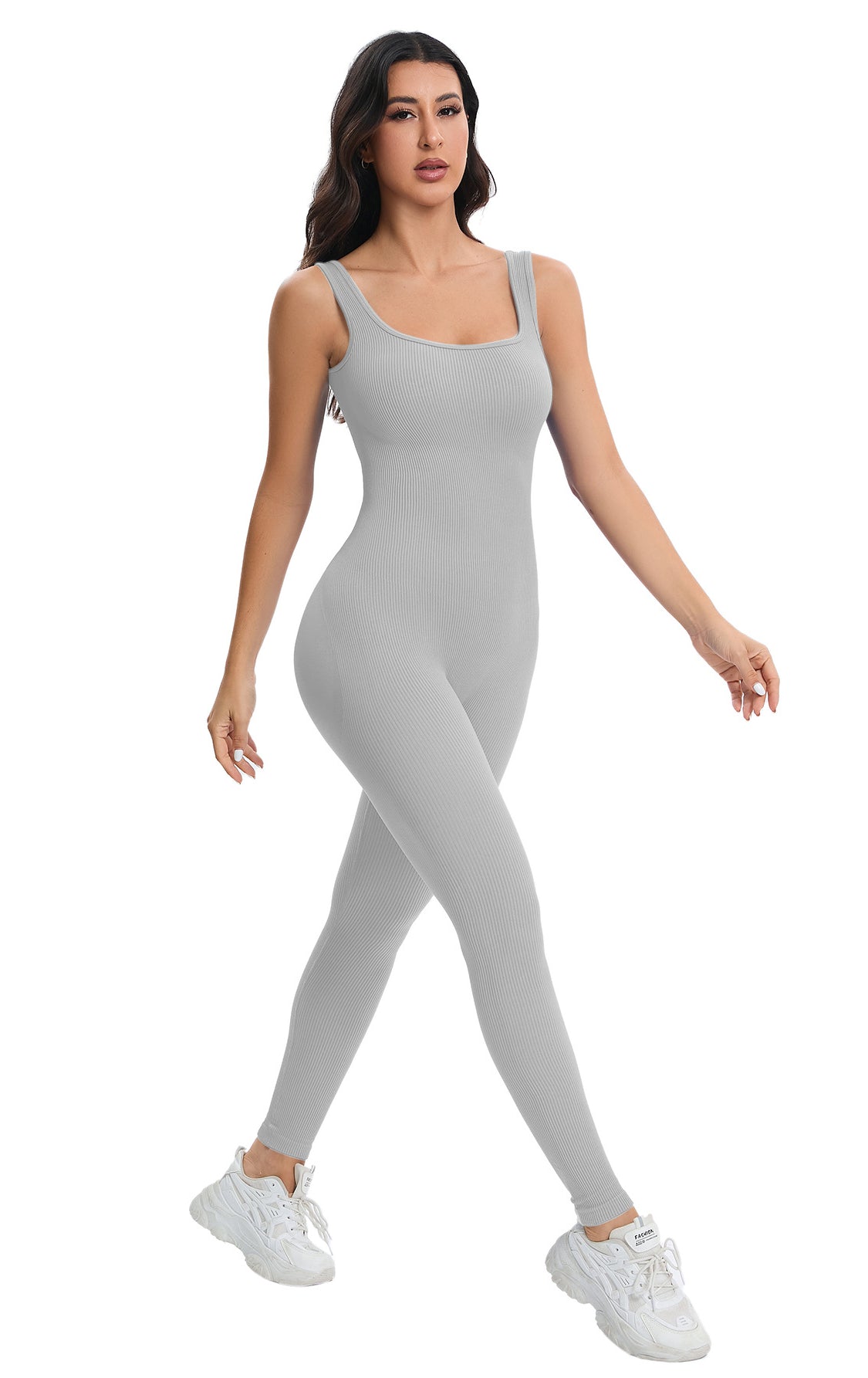 Sleek light gray ribbed langry bodysuit in breathable seamless knitted fashion