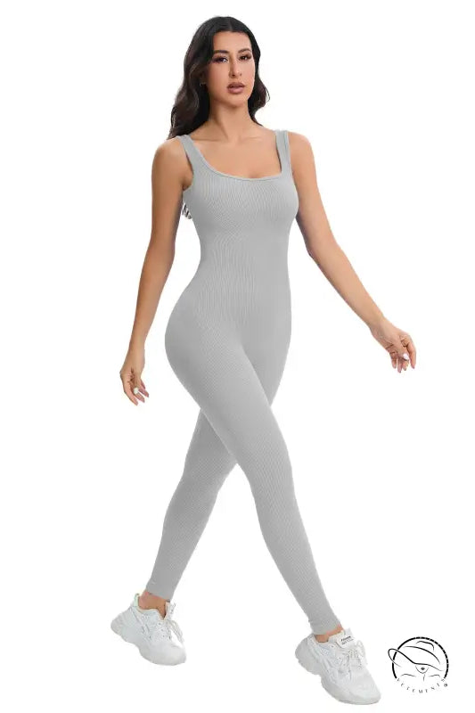 Sleek light gray ribbed langry bodysuit in breathable seamless knitted fashion
