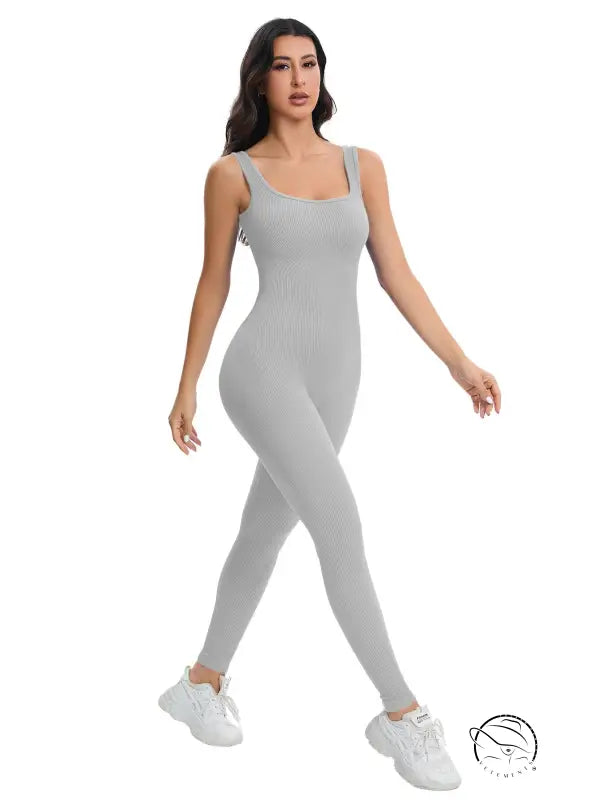 Sleek light gray ribbed langry bodysuit in breathable seamless knitted fashion