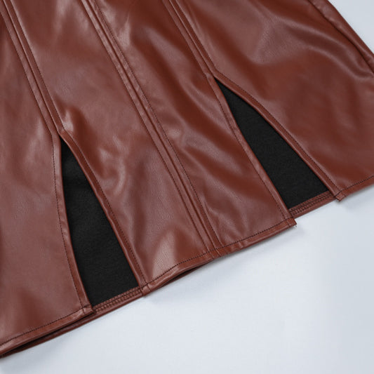 Brown faux leather skirt with slits from Langry Fashion in the Faux Leather Skinny Sheath Dress collection