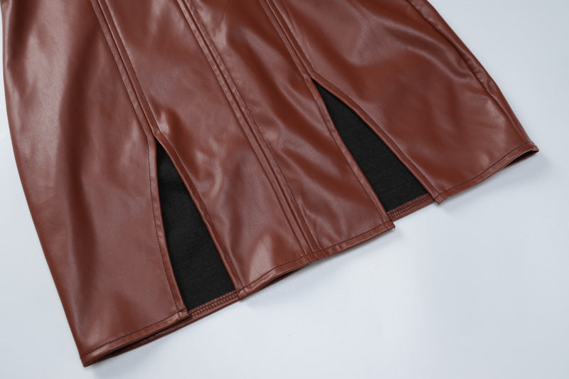 Brown faux leather skirt with slits from Langry Fashion in the Faux Leather Skinny Sheath Dress collection