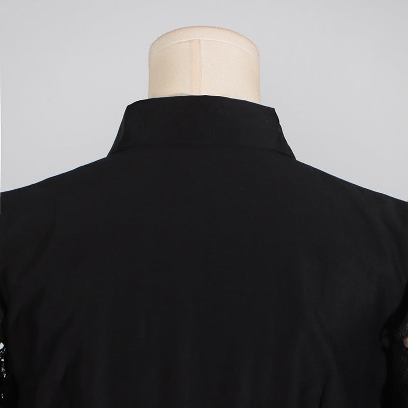 Black Mandarin Collar Maxi Dress featuring Embroidery and Hollow Out Design for Women Fashion