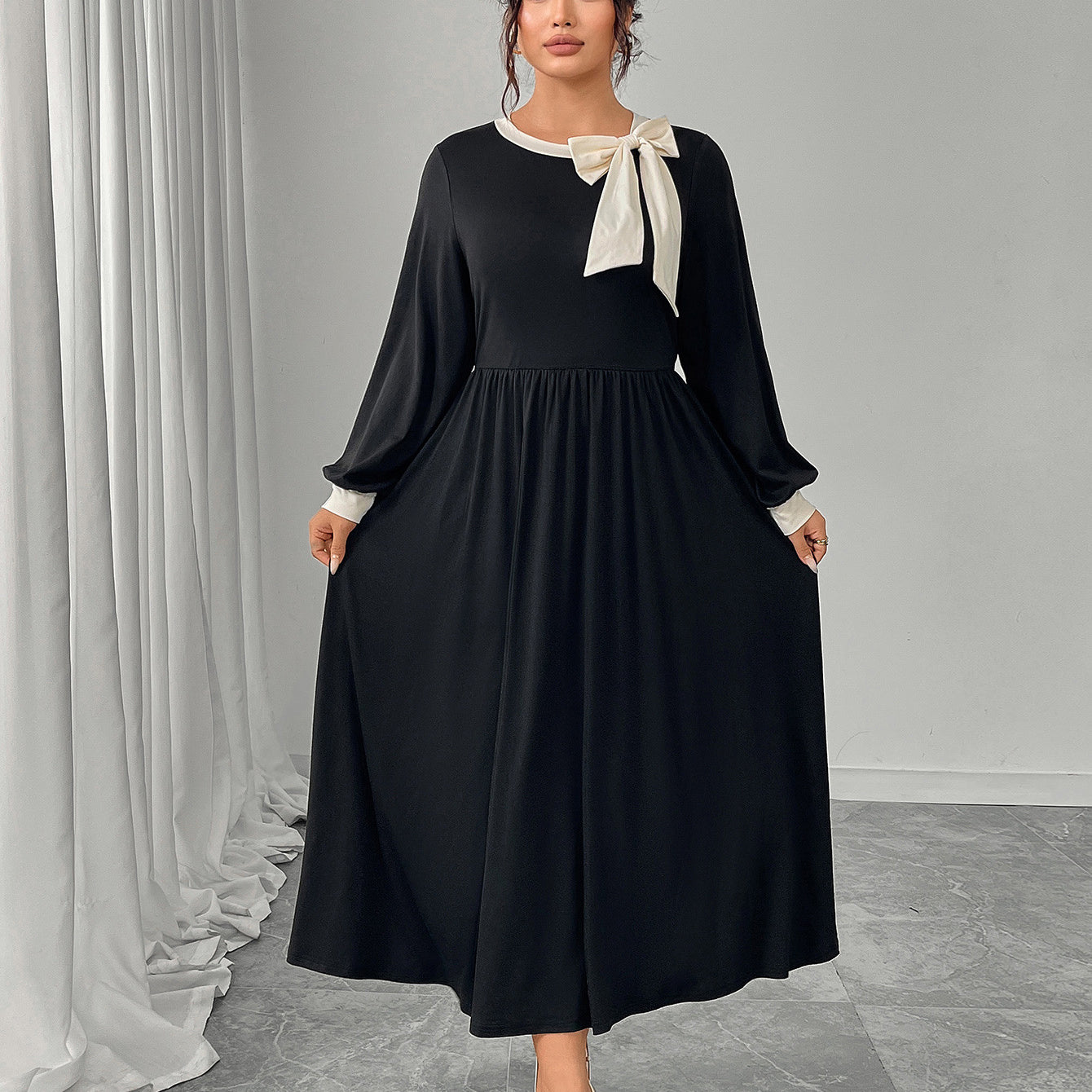 Winter retro slim black flared sleeve dress with bow neckline, Langry fashion ملابس