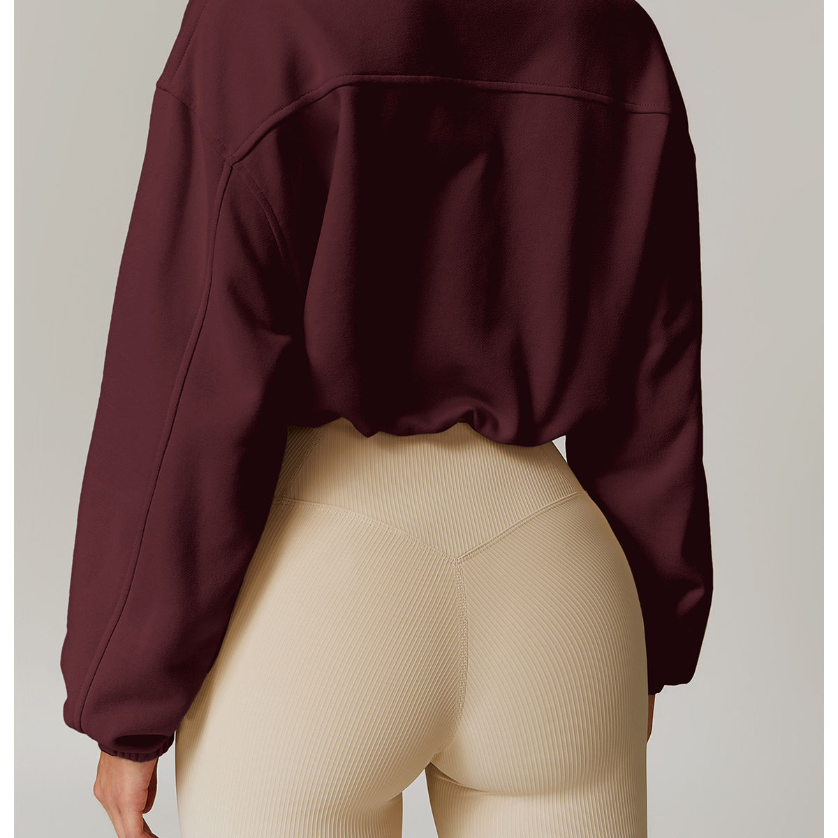 Burgundy cropped sweatshirt with beige biker shorts, stylish langry fashion ملابس for fall