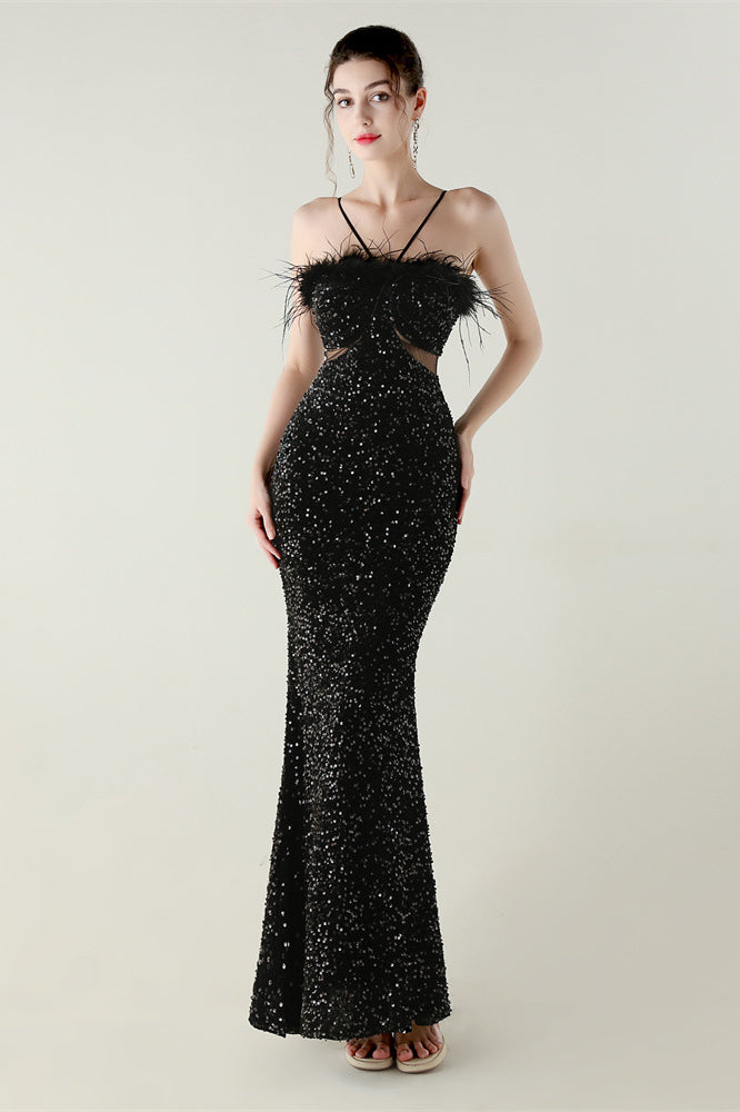 Black sequined mermaid langry dress with ostrich feather accents