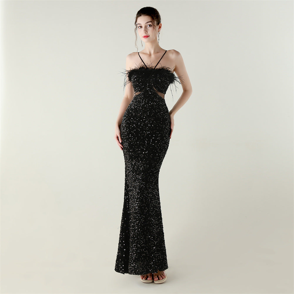Black sequined mermaid langry dress with ostrich feather accents