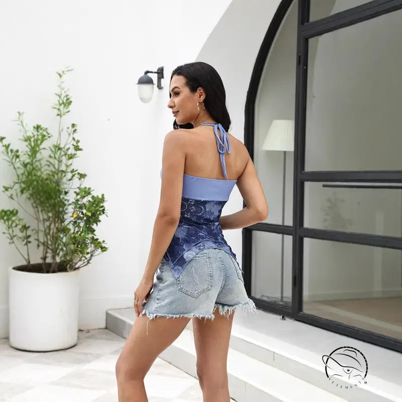 Slim fit halterneck vest in blue patterned langry fashion top with denim shorts