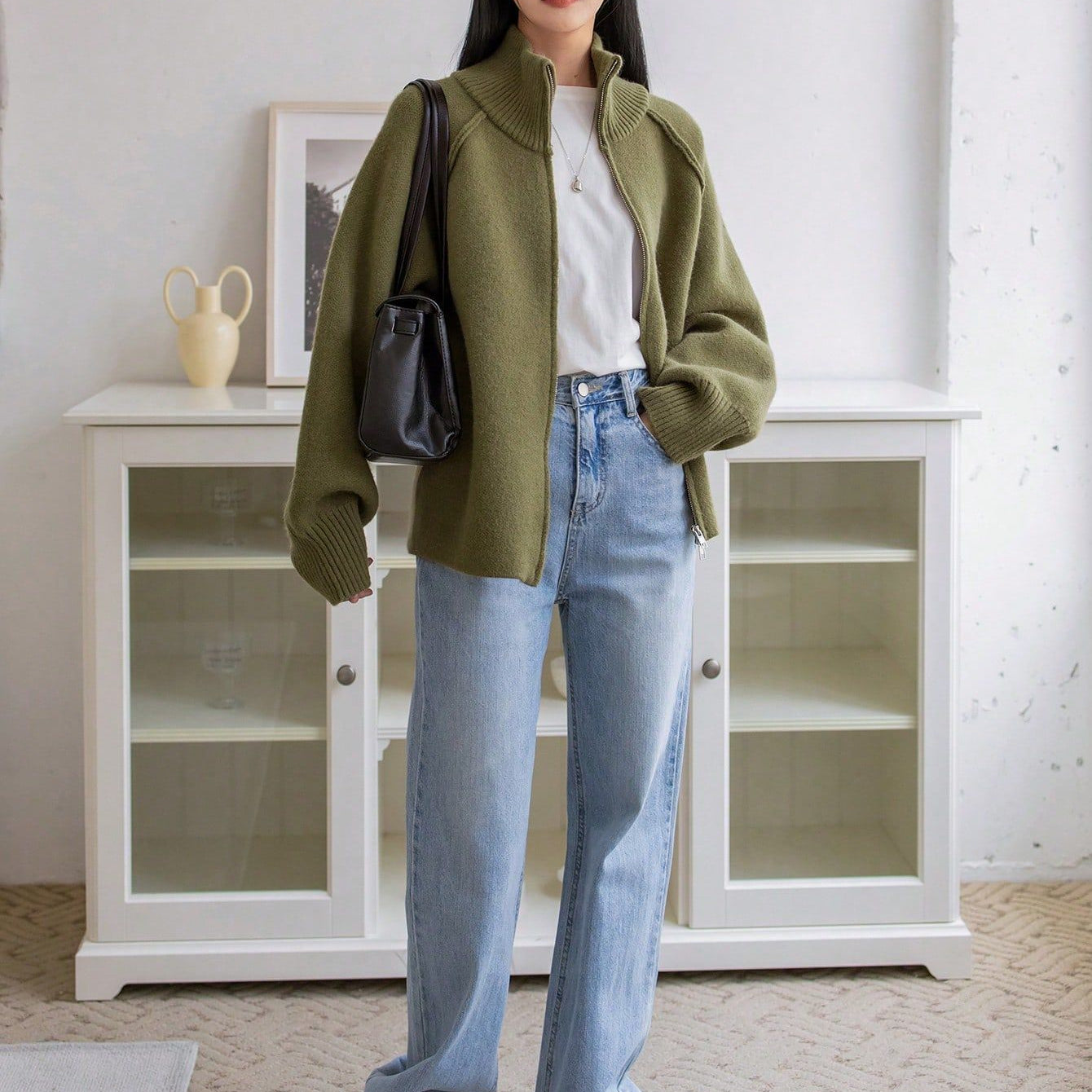 Winter Korean Stand Collar Zipper Knitted Cardigan Top