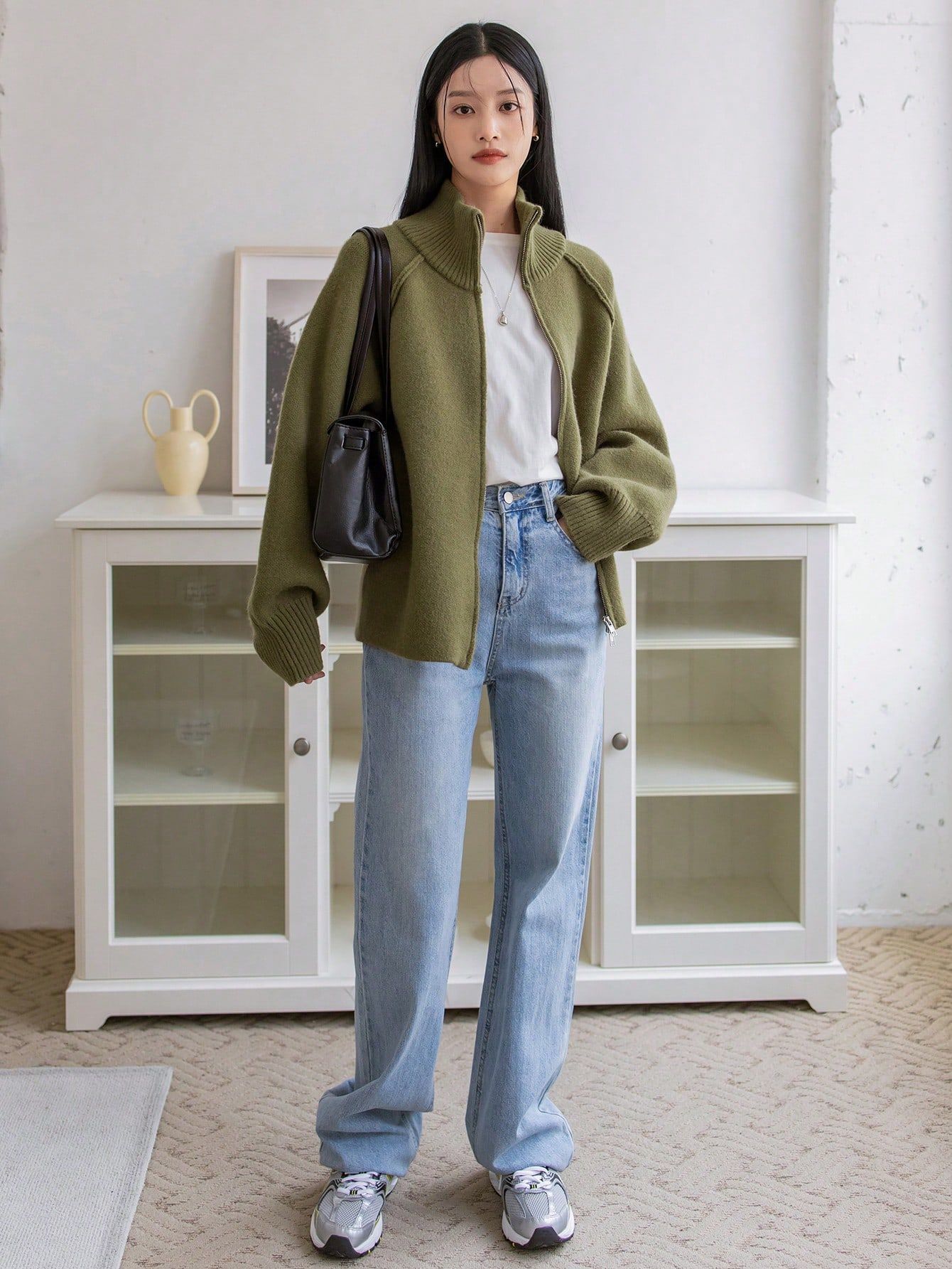 Winter Korean Stand Collar Zipper Knitted Cardigan Top