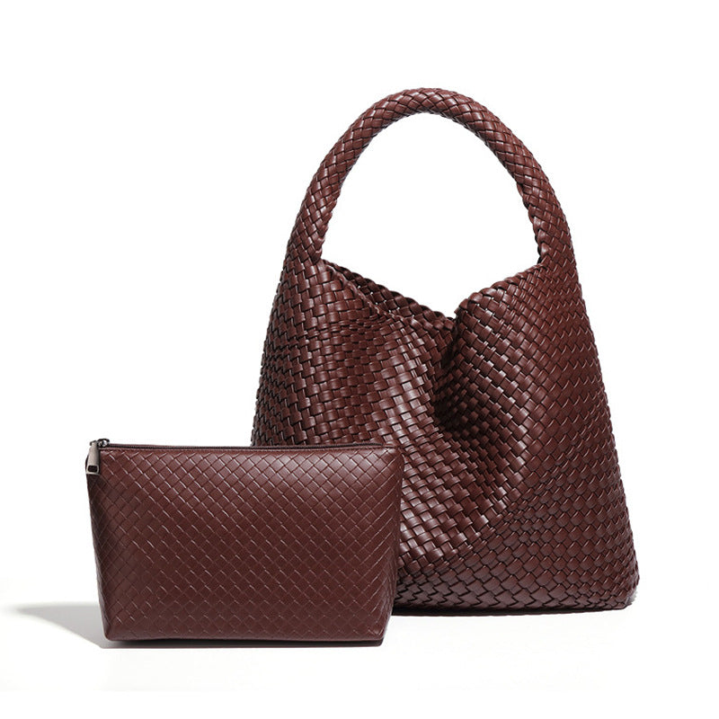 Woven brown leather handbag and pouch showcasing Langry fashion with ملابس elegance