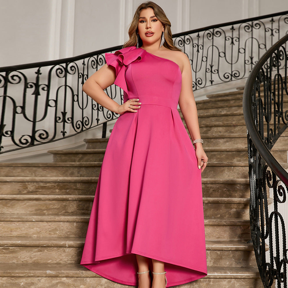 Pink elegant shoulder ruffled midi dress, perfect for shoulder ruffled cocktail events