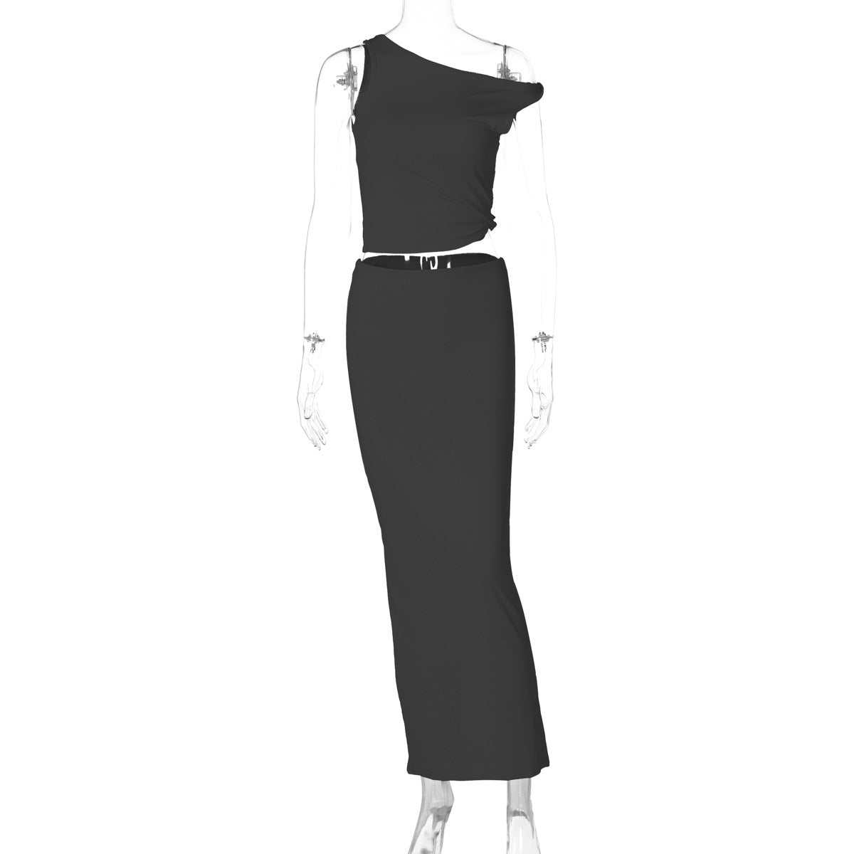 Black one-shoulder crop top and long pencil skirt ensemble for women fashion ملابس