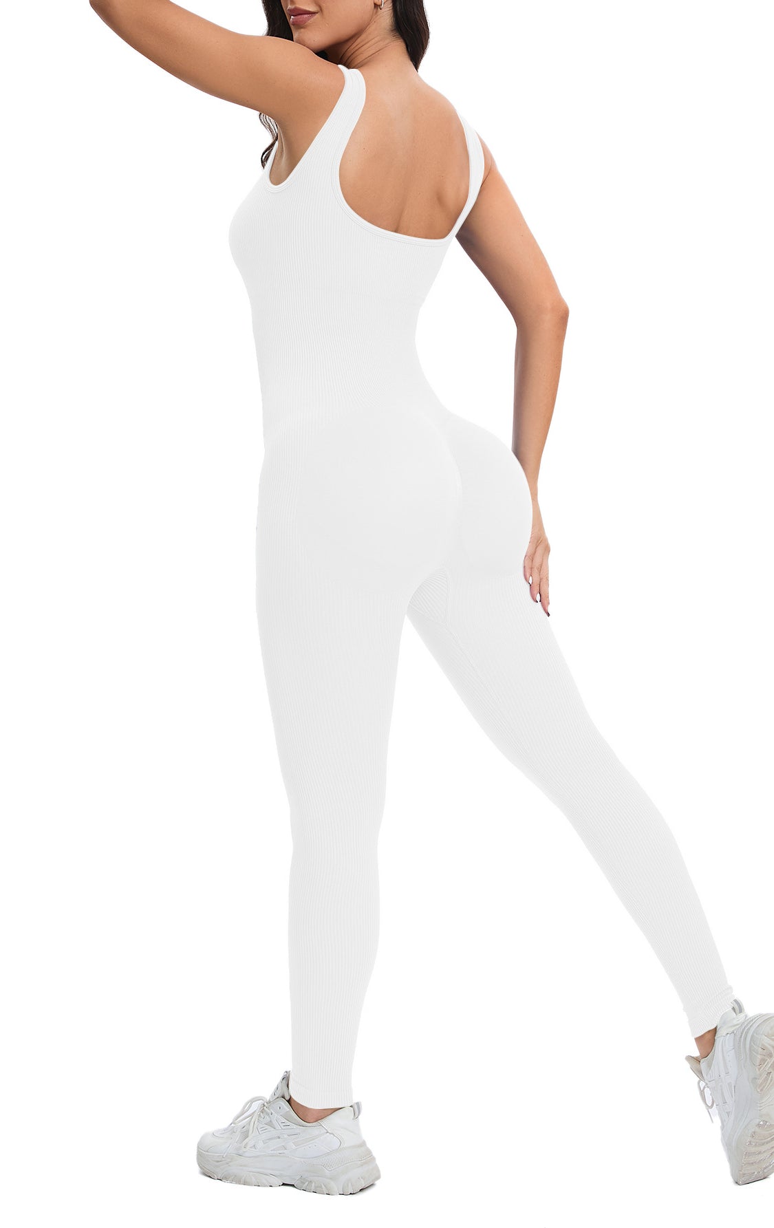 Breathable langry seamless knitted peach hip slim fit white backless jumpsuit